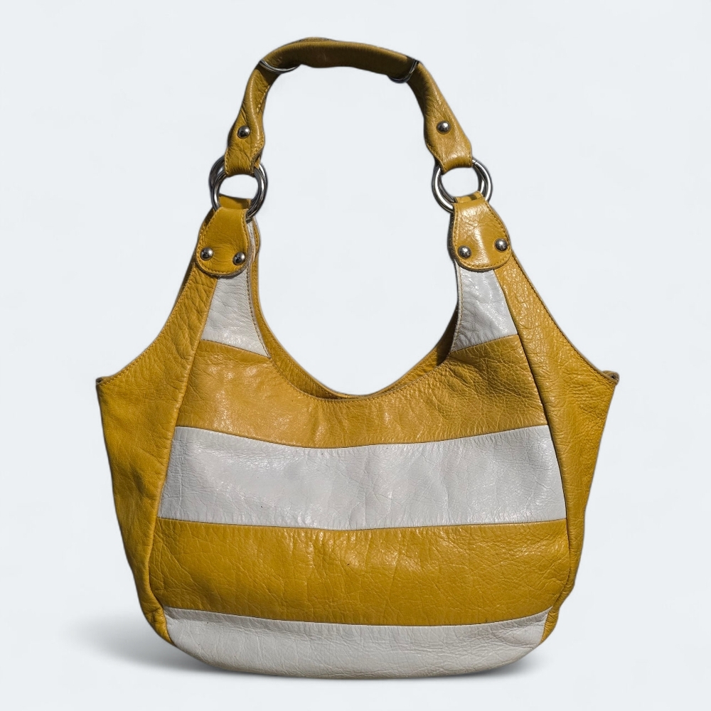 Innue Italian Leather Mustard Yellow & White Strip Hobo Shoulder Bag